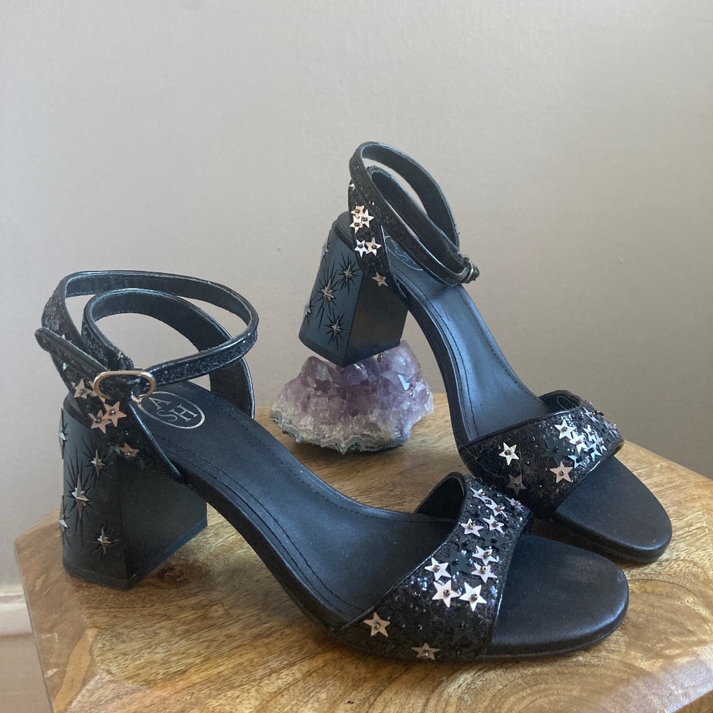 Ash Black Star-Embellished Block Heel Sandals